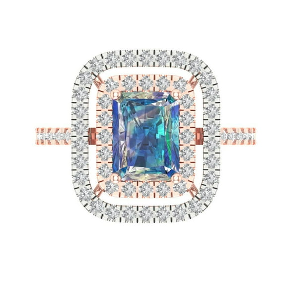 Halo Engagement Ring for Women - 2.62ct Blue Moissanite in 18K Rose/White Gold Promise Ring