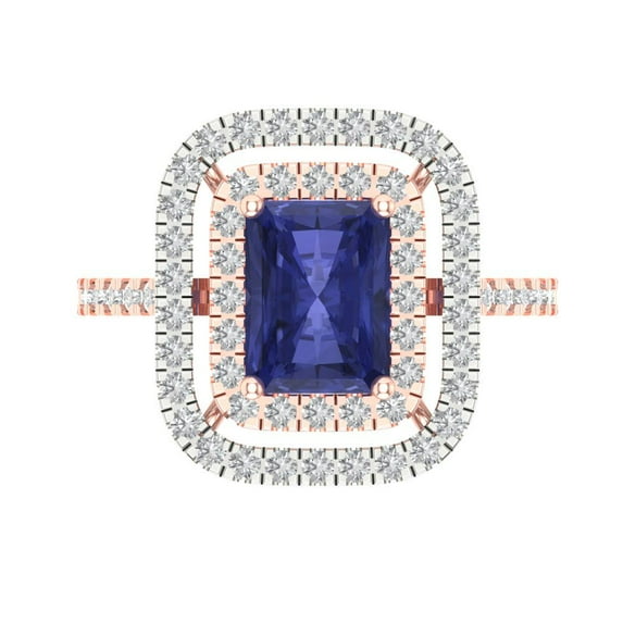 Halo Engagement Ring for Women - 2.62ct Simulated Tanzanite in 14K Rose/White Gold Promise Ring