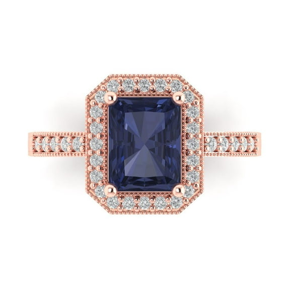 Halo Engagement Ring for Women - 2.78ct Simulated Blue Sapphire in 14K Rose Gold Promise Ring