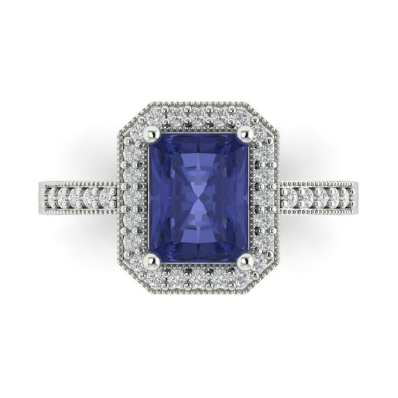 Halo Engagement Ring for Women - 2.78ct Simulated Tanzanite in 14K White Gold Promise Ring