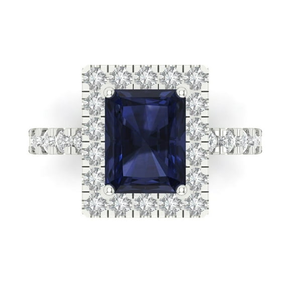 Halo Engagement Ring for Women - 3.84ct Simulated Blue Sapphire in 14K White Gold Promise Ring