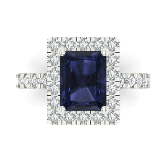 Halo Engagement Ring for Women - 3.84ct Simulated Blue Sapphire in 18K White Gold Promise Ring