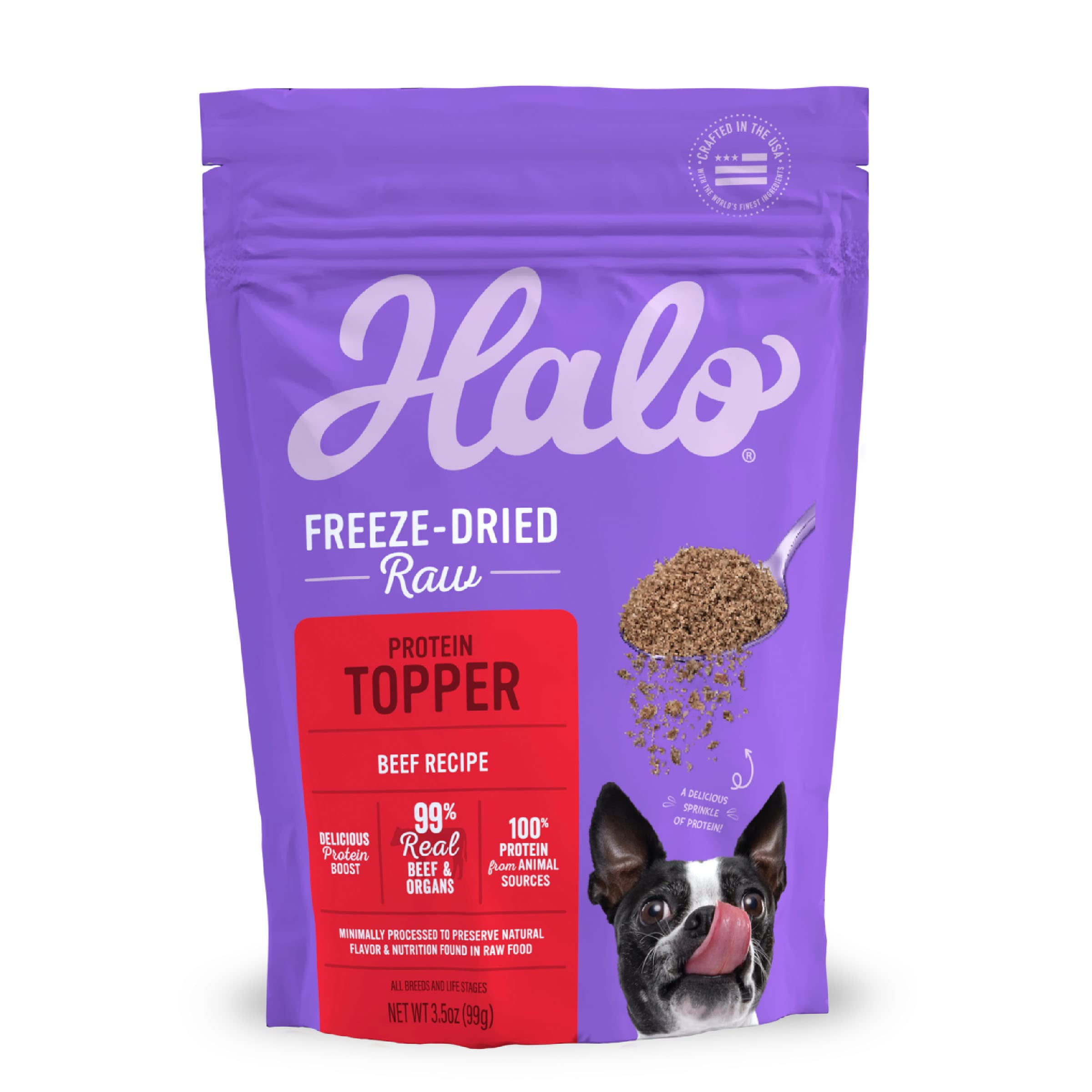 Halo Freeze Dried Raw IRF13 Dog Food Topper, Beef Recipe, 100% Protein Source, For Natural Energy, Real Meat Topper, 3.5 Oz Pouch