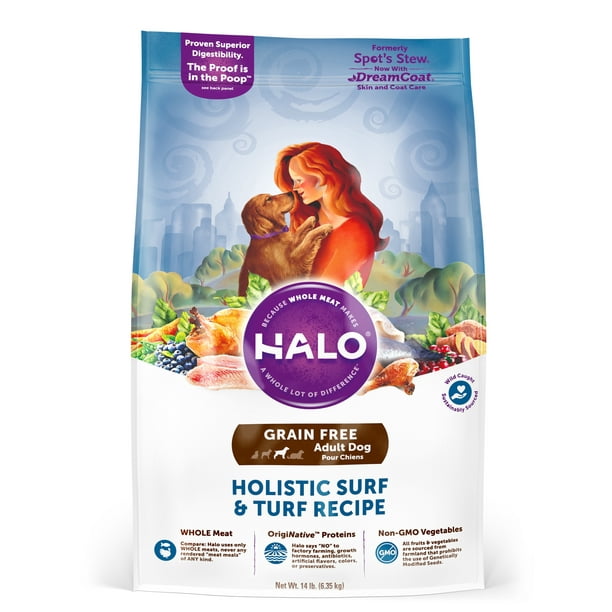 Halo Grain Free Natural Dry Dog Food, Surf & Turf Recipe, 14Pound Bag