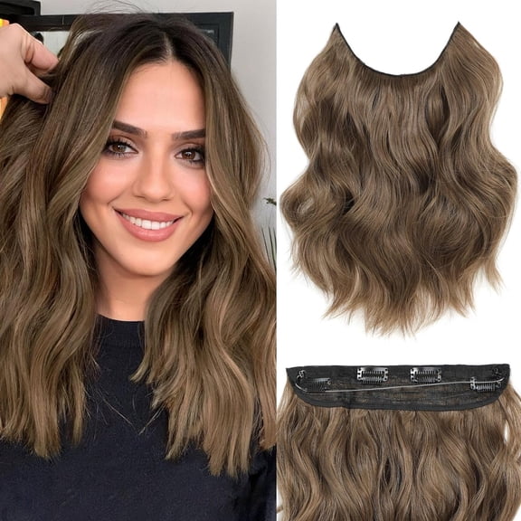 Halo Hair Extensions 12 Inch Invisible Wire Hair Extensions Adjustable Long Wavy Hairpiece Synthetic Upgrade 4 Secure Clips in Hairpieces 12 Inch,Light Brown