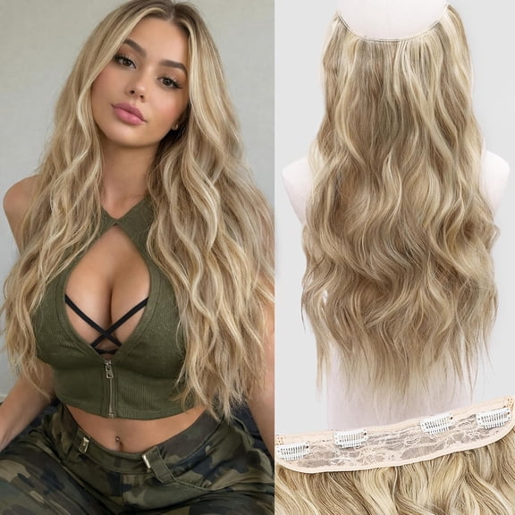 Halo Hair Extensions 20 Inch Invisible Wire Hair Extensions Adjustable Long Wavy Hairpiece Synthetic Upgrade 4 Secure Clips in Hairpieces 20 Inch,Ash Brown Platinum Blonde