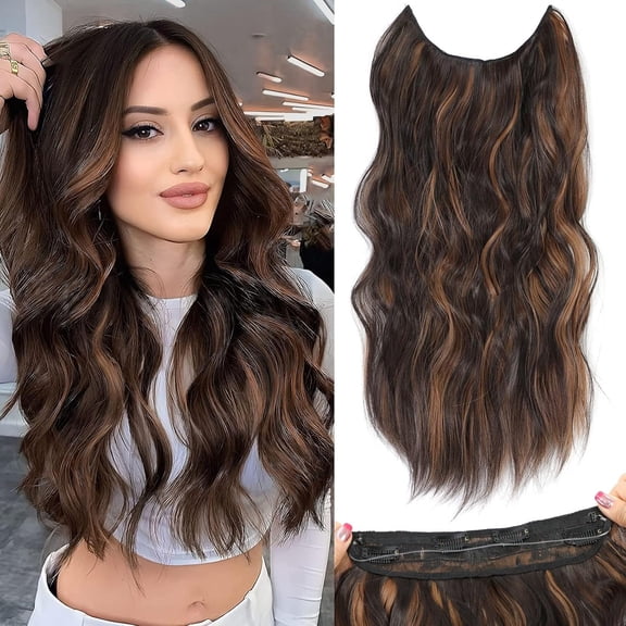 Halo Hair Extensions 20 Inch Invisible Wire Hair Extensions Adjustable Long Wavy Hairpiece Synthetic Upgrade 4 Secure Clips in Hairpieces 20 Inch,Black Brown with highlights