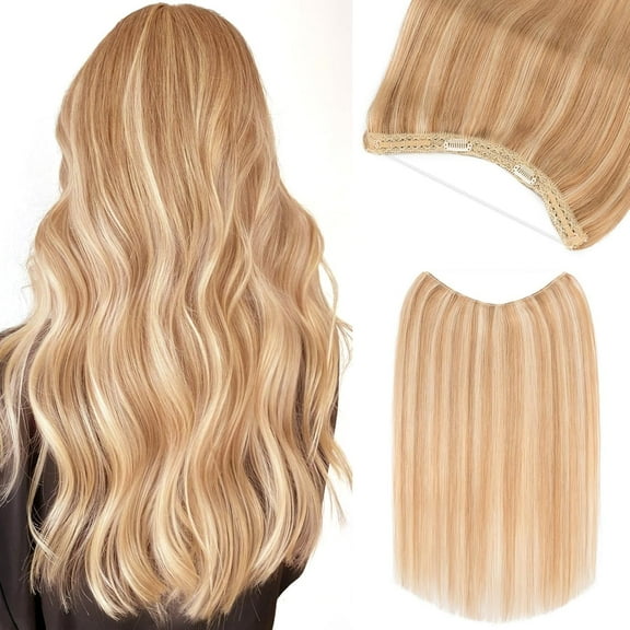 Halo Hair Extensions Real Human Hair 16 Inch Halo Extensions for Women 100% Human Hair Invisible Wire Hair Extensions Golden Brown Hightlights Bleach Blonde #12P613