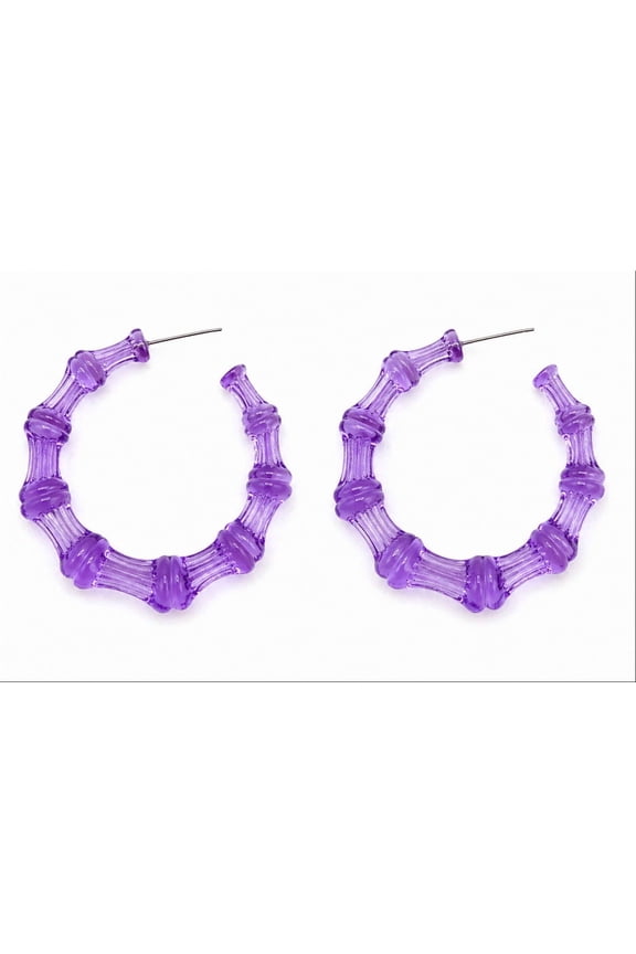 Purple Bamboo Hoop Earrings for Women – Glossy Chunky Acrylic Hoops, Lightweight Statement Earrings, Trendy Fashion Jewelry