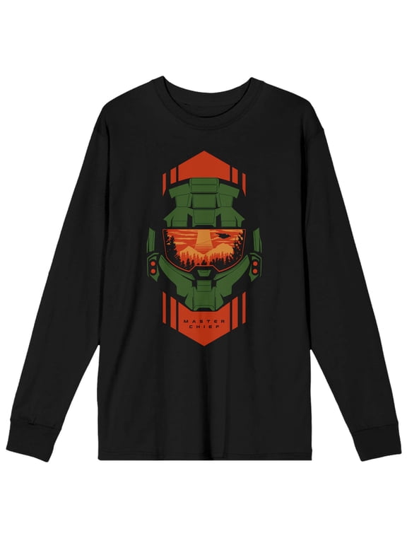 Halo Infinite Master Chief Head Armor Crew Neck Long Sleeve Men's Black Tee-XL