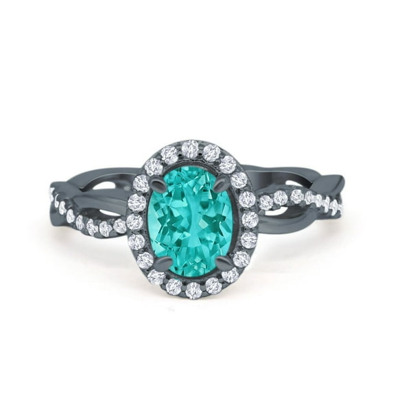 Halo Infinity Shank Oval Ring Black Tone Paraiba Tourmaline CZ 925 Sterling Silver Size 6