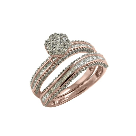 Halo Jewelers 0.89 Cttw 10k Rose Gold Round & Baguette Cut Natural Diamond Ladies Curved Cluster Bridal Set Engagement Ring | H-I Color, I2 Clarity