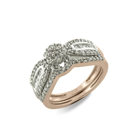 Halo Jewelers 10k Rose Gold 0.59 Carat (Ctw) Round And Baguette Cut White Natural Diamond Engagement Wedding Bridal Set Ring for Women (H-I Color, I1-I2 Clarity) Ring Size-8