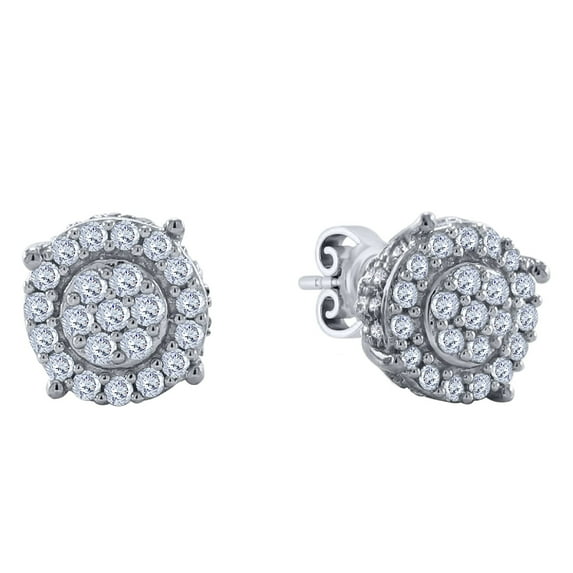 Halo Jewelers 10k White Gold 0.54 Carat (ctw) Round Cut Natural Diamond Ladies Halo Cluster Stud Earrings For Women | H-I Color, I2 Clarity, 1/2 CT Push Back Earrings