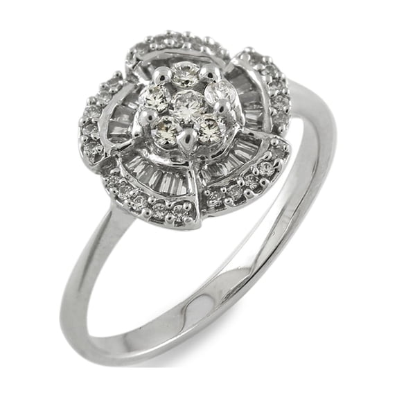 Halo Jewelers 10k White Gold 1/3 Carat(Ctw) Round And Baguette Cut White Natural Diamond Ladies Cluster Engagement Ring for Women Wedding Birthday (Color: H-I, Clarity: I1-I2, 0.33Cttw)Ring Size-4