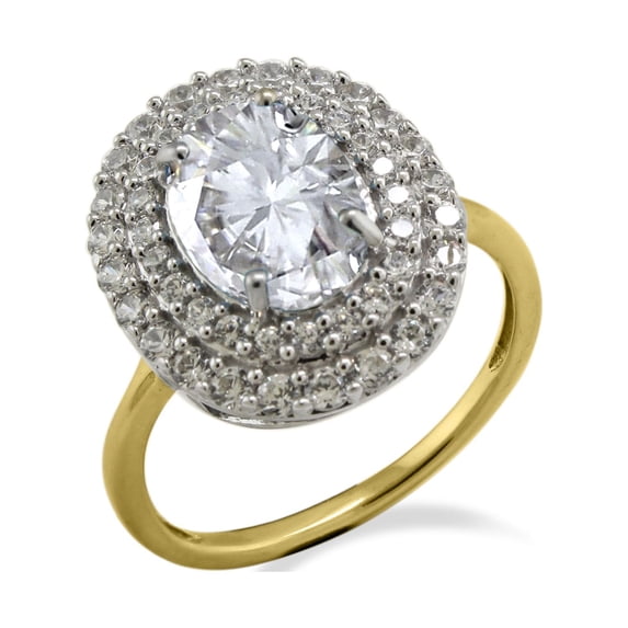 Halo Jewelers 10k Yellow Gold Double Halo Solitaire Style, Center 11X9MM Oval Cut Lab Created Moissanite And Natural Diamond Engagement Ring for Women (3.70 Cttw) Ring Size-5.5