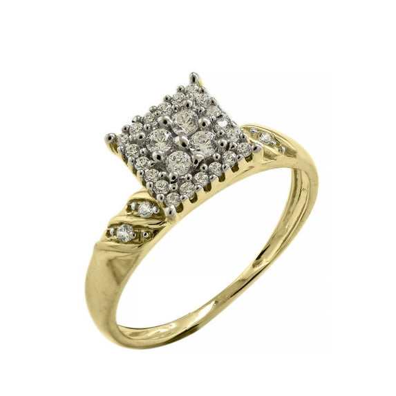Halo Jewelers 14k Yellow Gold 0.25 Carat (ctw) Round Cut Natural Diamond Ladies Square Frame Cluster Engagement Ring For Women | H-I Color, I2 Clarity, 1/4 CT Ring Size-5