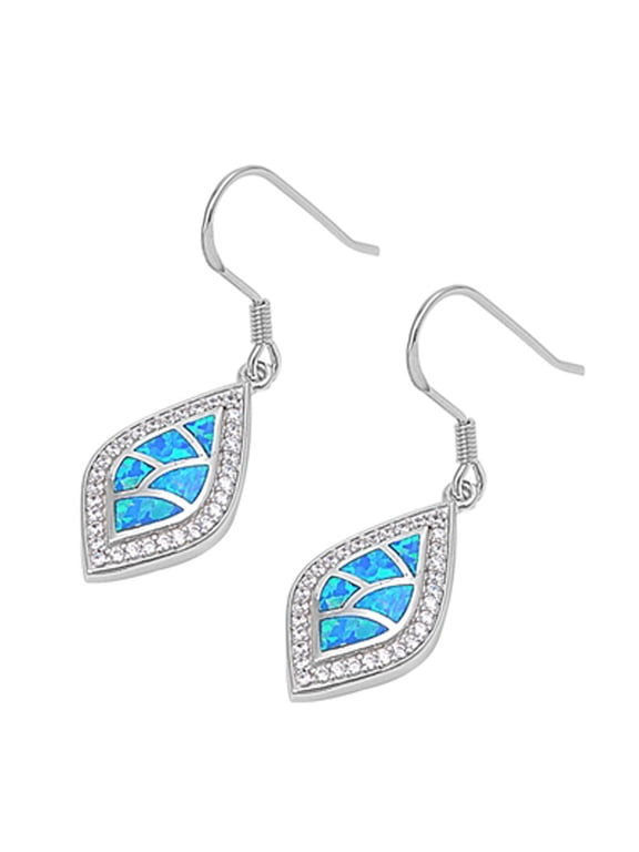 Halo Marquise Hanging Earrings Blue Simulated Opal Clear CZ .925 Sterling Silver Jewelry Female