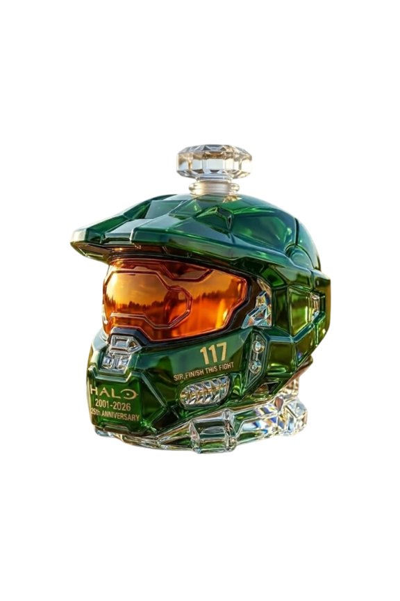 Halo Master Chief 117 Helmet Whiskey Bottle, 25th Anniversary Limited Glass Decanter, Novelty Gaming Barware Display Gift for Men Gamers