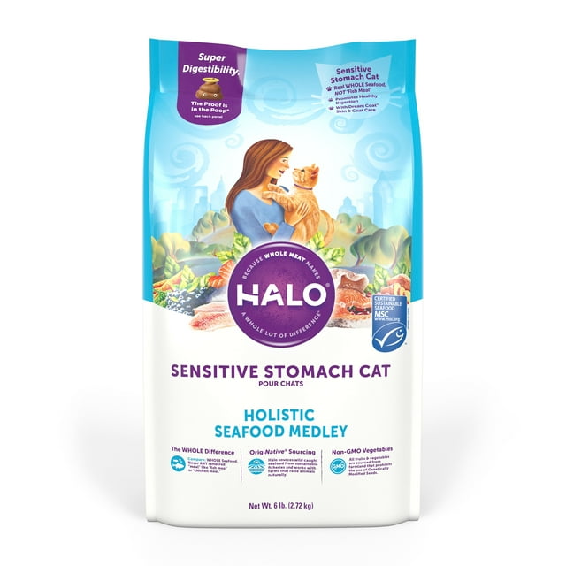 Halo Natural Dry Cat Food, Sensitive Stomach Seafood Medley, 6Pound