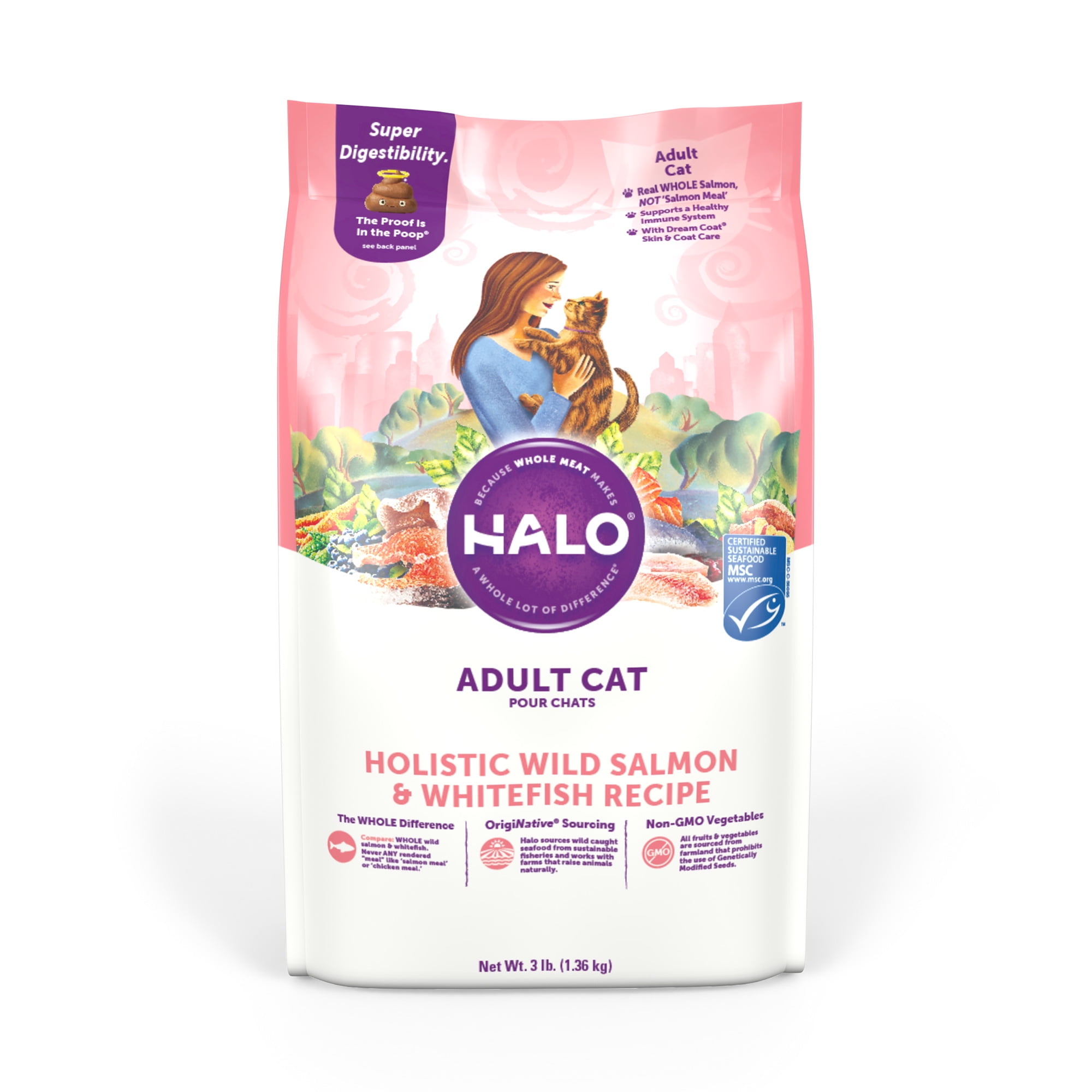Halo Natural Dry Cat Food, Wild Salmon & Whitefish Recipe, 3Pound Bag