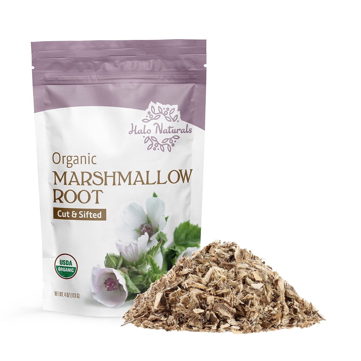 Halo Naturals Organic Marshmallow Root Cut & Sifted, 4 Ounces (Althaea officinalis) USDA Certified | Resealable Pouch| Packaged in The USA
