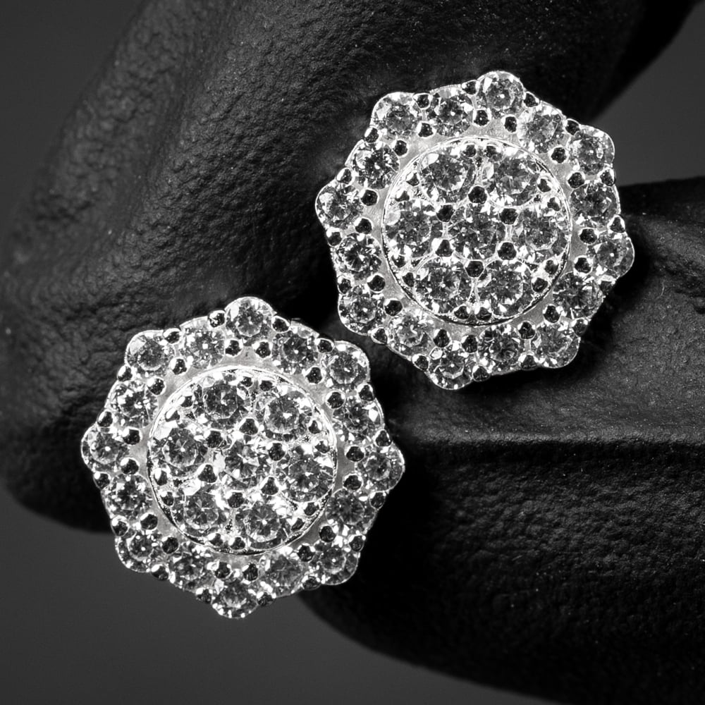 Halo Octagon Men's White Gold 925 Sterling Silver Cz Round Flower Cluster Sterling Silver Bling Honey Comb Set Cubic Zirconia Hip Hop Stud Screw Back Earrings