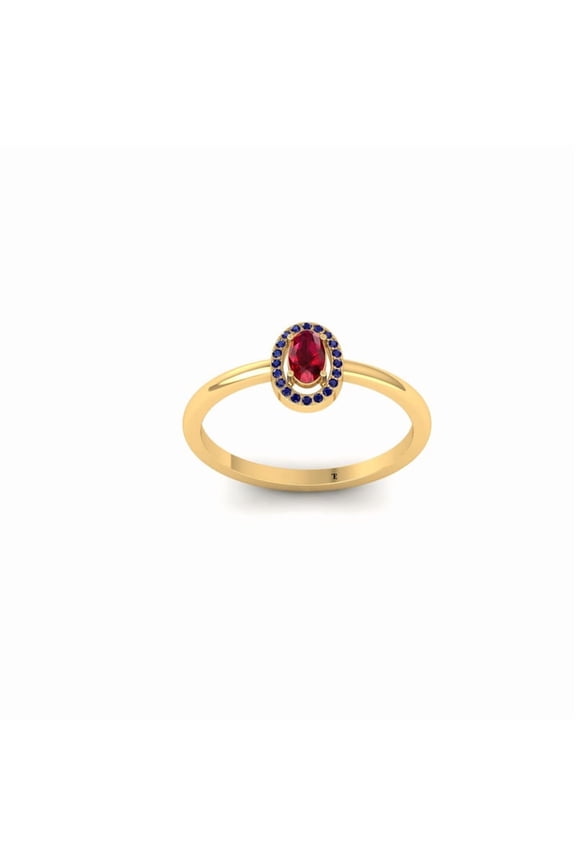 Halo Oval Cut Red Ruby and Blue Sapphire Engagement Ring for Women, 14K Yellow Gold Plated