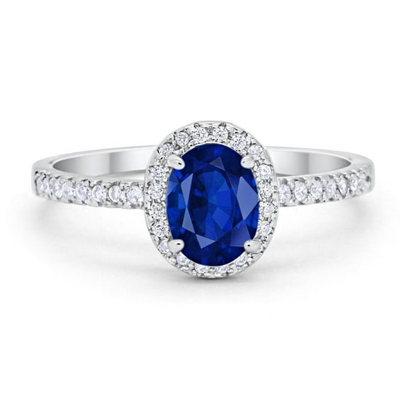 Halo Oval Engagement Ring Round Blue Sapphire CZ 925 Sterling Silver Size 6
