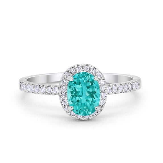 Halo Oval Engagement Ring Round Paraiba Tourmaline CZ 925 Sterling Silver Size 5