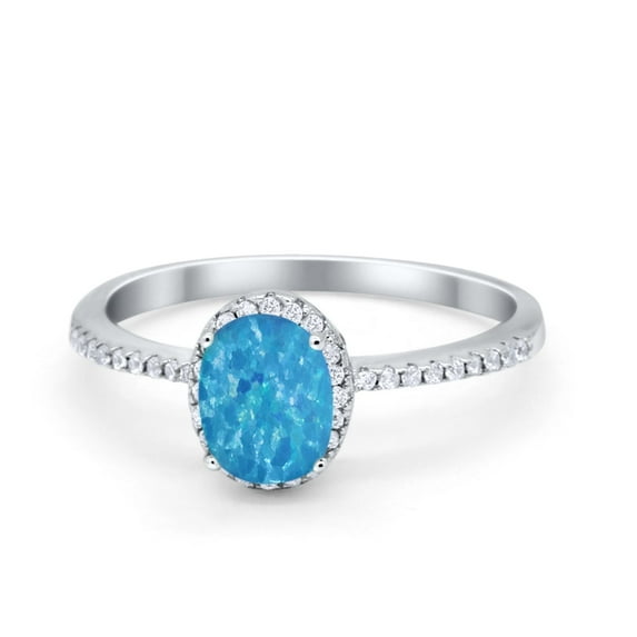 Halo Oval Fashion Ring Lab Created Blue Opal Accent 925 Sterling Silver Size 6