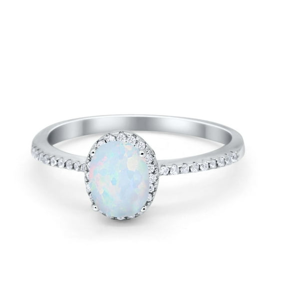 Halo Oval Fashion Ring Lab Created White Opal Accent 925 Sterling Silver Size 10