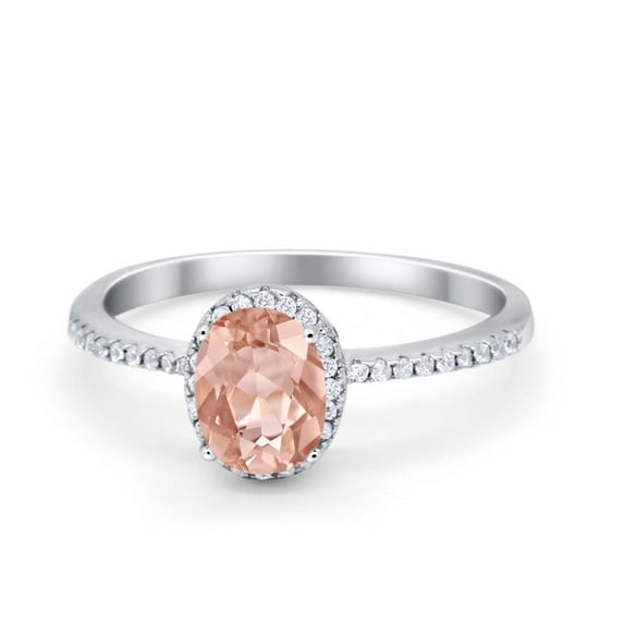Halo Oval Fashion Ring Morganite CZ Accent 925 Sterling Silver Size 11