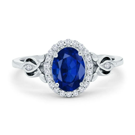 Halo Oval Ring Blue Sapphire CZ 925 Sterling Silver Size 7