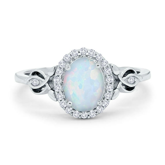 Halo Oval Ring Lab Created White Opal 925 Sterling Silver Size 5