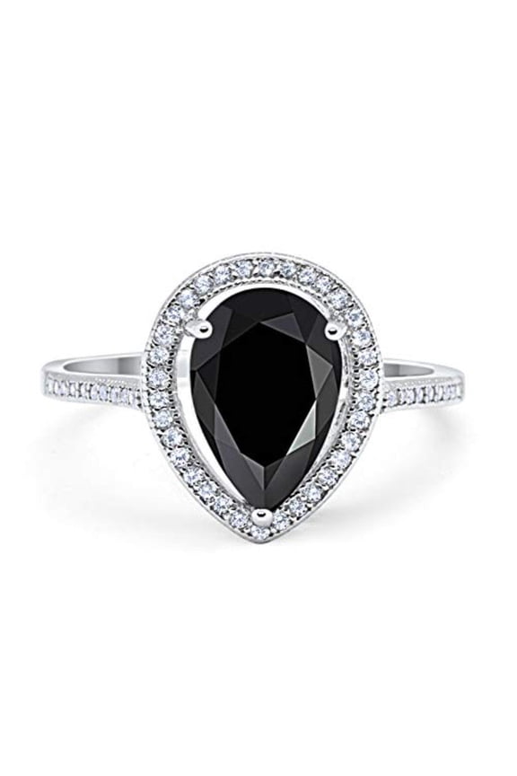 Halo Pear Teardrop Bridal Ring Round Black CZ 925 Sterling Silver Size 11