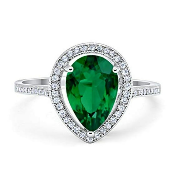 Halo Pear Teardrop Bridal Ring Round Green Emerald CZ 925 Sterling Silver Size 8