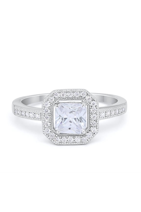 Halo Princess Cut Accent Engagement Ring CZ 925 Sterling Silver Size 8