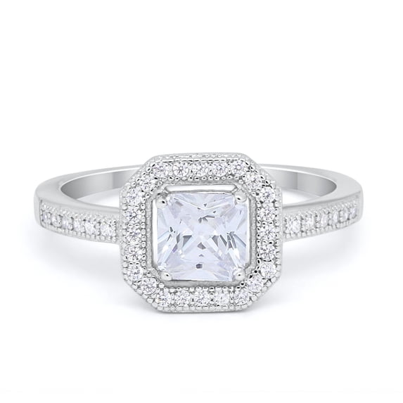 Halo Princess Cut Accent Engagement Ring CZ 925 Sterling Silver Size 9