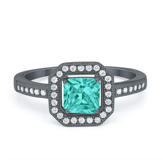 Halo Princess Cut Accent Ring Black Tone Paraiba Tourmaline CZ 925 Sterling Silver Size 5