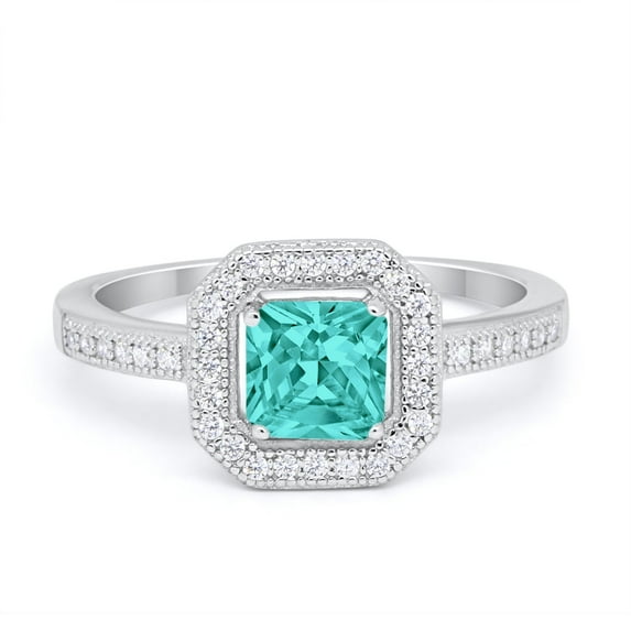 Halo Princess Cut Accent Ring Paraiba Tourmaline CZ 925 Sterling Silver Size 10