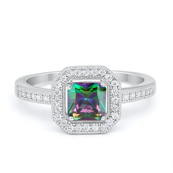 Halo Princess Cut Accent Ring Rainbow CZ 925 Sterling Silver Size 6