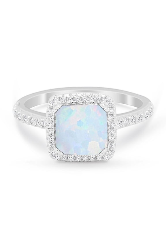 Halo Princess Cut Ring Lab Created White Opal 925 Sterling Silver Size 5