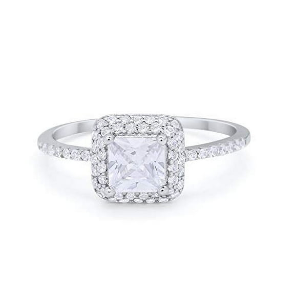 Halo Princess Cut Wedding Ring Round CZ 925 Sterling Silver Size 5