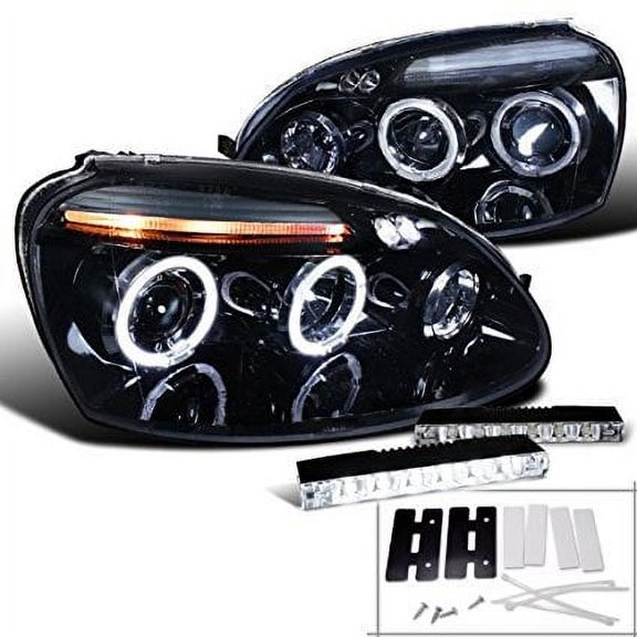 Halo Projector Headlight In Gloss Black Housing Smoke Lens DRL 6 LED Fog Light Combo Made For And Compatible With 2006 - 2010 Volkswagen VW Golf Rabbit GTI Jetta 06 07 08 09 10
