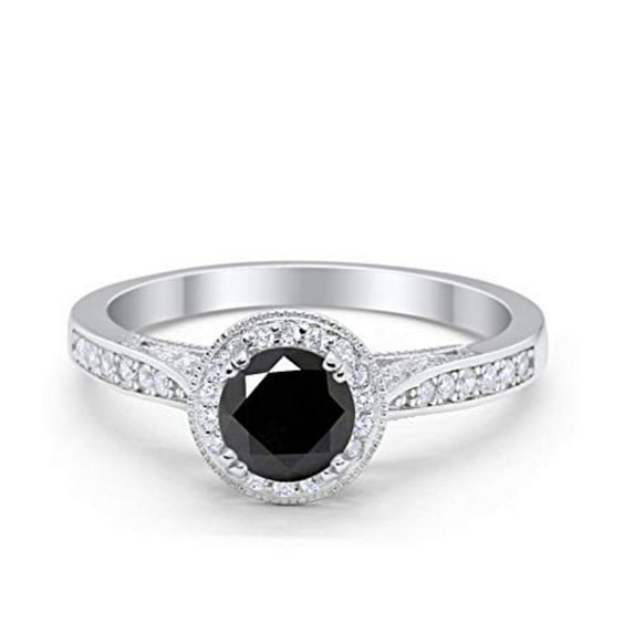 Halo Promise Round Ring Black CZ 925 Sterling Silver Size 12