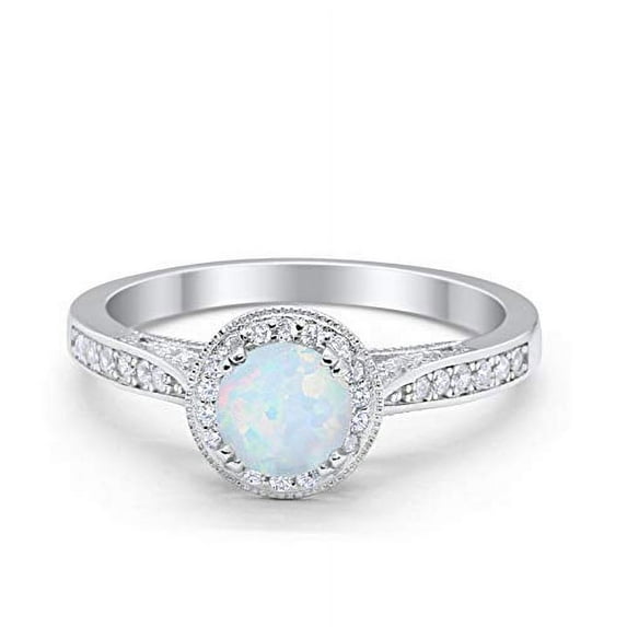 Halo Promise Round Ring Lab Created White Opal 925 Sterling Silver Size 6