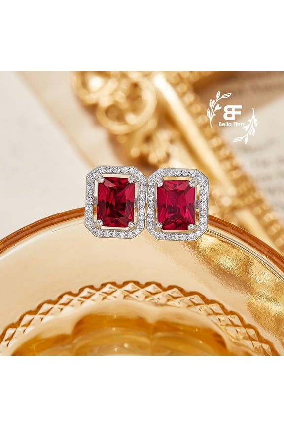 Halo Rectangle Radiant Simulated Ruby Studs Earrings,July Birthstone Solid 925 Sterling Silver Earrings,Gift For Her