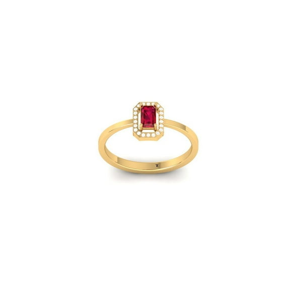 Halo Red Ruby and Moissanite Emerald Cut Engagement Ring for Women, 14K Yellow Gold Plated