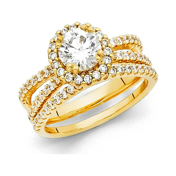 Halo Round CZ Engagement Ring & Wedding Band 14k Yellow Gold Bridal Halo CZ Rings Set Side Stone Size 5.5